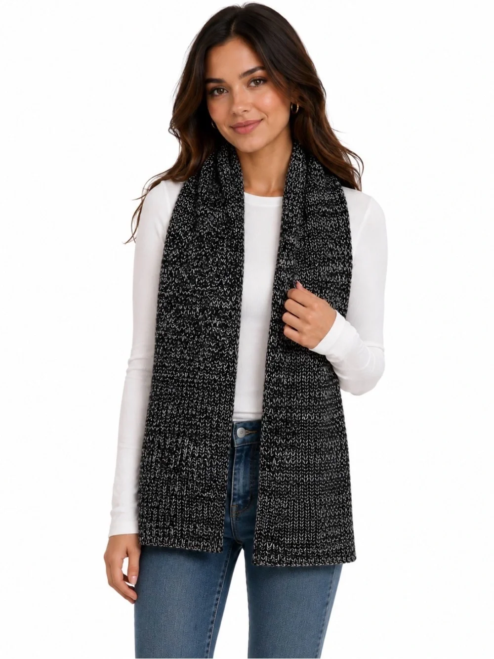 Victoria's Secret Black & White Marled Knit Scarf chunky soft cozy Winter EUC